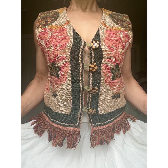 Vintage Tapestry Vest unique floral fringed wood buttons boho checkered Sz M - Picture 1 of 16